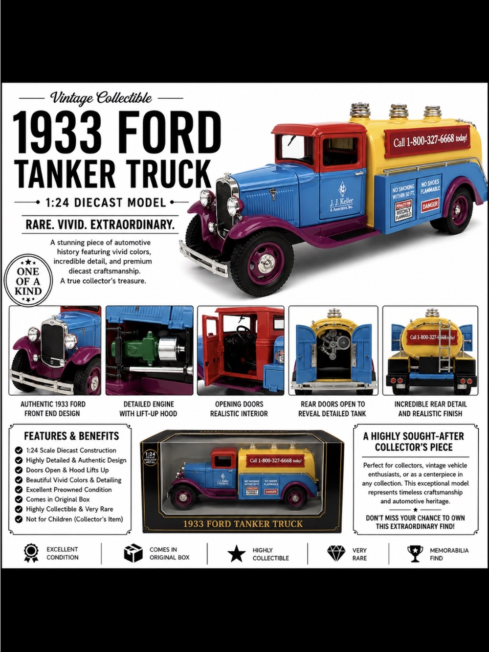 Vintage 1933 Ford Tanker Truck 1:24 Diecast Rare J.J. Keller Collectible w/ Box